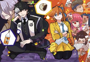 Rule 34 | 2girls, 4boys, ace attorney, athena cykes, black eyes, black gloves, black hair, black jacket, black necktie, black pants, black pantyhose, blue bow, blue eyes, blue hairband, blue necktie, bottle, bow, bow hairband, brown eyes, brown hair, bucky whet, card, clown nose, collared shirt, crescent, crescent earrings, cropped jacket, crossed arms, crossed legs, cup, earrings, geiru toneido, gloves, hair between eyes, hair bow, hairband, hand fan, highres, holding, holding fan, jacket, jewelry, long sleeves, multicolored hair, multiple boys, multiple girls, nahyuta sahdmadhi, necktie, nemui61, open clothes, open jacket, orange hair, pants, pantyhose, phoenix wright: ace attorney - spirit of justice, pink gloves, pink hair, pleated skirt, sakazuki, sake bottle, seiza, shirt, simon blackquill, single earring, single glove, sitting, skirt, two-tone hair, uendo toneido, white hair, yellow eyes, yellow jacket, yellow skirt
