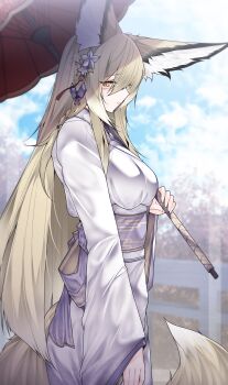 1girl absurdres animal_ears arknights blonde_hair breasts commentary_request dated_commentary fox_ears fox_tail hair_ornament highres japanese_clothes kimono long_hair medium_breasts samip solo tail umbrella vulpisfoglia_(arknights)