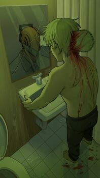 1boy barefoot black_pants blonde_hair blood blood_in_hair blood_on_back blood_on_ground broken_mirror chainsaw chainsaw_man collared_shirt commentary denji_(chainsaw_man) different_reflection drugsandsocks english_commentary from_above full_body highres horror_(theme) impaled indoors looking_at_mirror male_focus mirror necktie pants reflection public_restroom shirt short_hair sink solo standing tile_floor tiles toilet topless_male very_short_hair