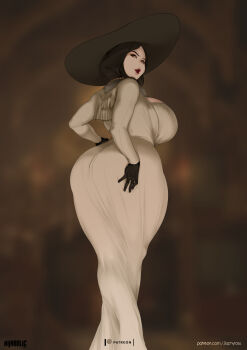 1girl alcina_dimitrescu ass breasts crossed_legs dress gloves hat highres hijab hijabolic huge_ass huge_breasts nigaw pale_skin resident_evil resident_evil_village simple_background solo yellow_eyes