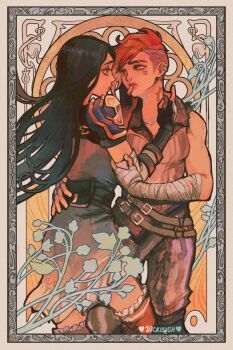 2girls arcane:_league_of_legends art_nouveau bandaged_arm bandages blue_dress blue_eyes blue_hair caitlyn_(league_of_legends) dark_blue_hair dress ear_piercing facial_tattoo floral_background grey_eyes highres league_of_legends long_hair multiple_girls neck_tattoo pants piercing red_hair shirt short_hair sleeveless sleeveless_shirt striped_clothes striped_pants tattoo vertical-striped_clothes vertical-striped_pants vi_(league_of_legends) vicki_tsai yuri