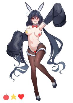 1girl :d absurdres allen_m._sumner_(azur_lane) animal_ears apple_sticker arm_up azur_lane black_hair blue_hair blush breasts commentary_request detached_collar detached_sleeves embarrassed fake_animal_ears full_body hair_between_eyes hair_ornament hairclip hand_up heart_maebari high_heels highres hip_focus legs long_hair maebari medium_breasts navel nervous_smile nodgilmo573 nude open_mouth pantyhose pasties rabbit_ears red_eyes smile solo standing standing_on_one_leg star_(symbol) star_pasties stomach thighs twintails very_long_hair wide_sleeves