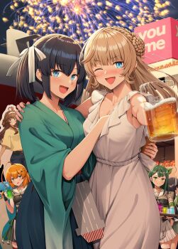 6+girls :d ahoge alcohol alternate_costume beer black_gloves black_hair black_shirt blonde_hair blue_eyes blush breasts brown_hair cardboard_cutout cleavage commentary cup denim dress drunk fang fingerless_gloves fireworks foreshortening gloves green_hair green_kimono green_skirt groping highres holding holding_cup holding_tray hug_from_side huge_ahoge i-400_(kancolle) ichikawa_feesu japanese_clothes jeans kantai_collection kaya_(kancolle) kimono kimono_skirt kongou_(kancolle) kongou_(kure)_(kancolle) long_hair looking_at_viewer medium_breasts medium_hair multiple_girls night one_eye_closed open_mouth orange_hair outdoors outstretched_arm pants pleated_skirt ranger_(kancolle) reaching reaching_towards_viewer sailor_collar shirt short_twintails skirt sleeveless sleeveless_dress smile souryuu_(kancolle) sugi_(kancolle) tray twintails white_dress white_sailor_collar white_skirt wide_sleeves yellow_shirt