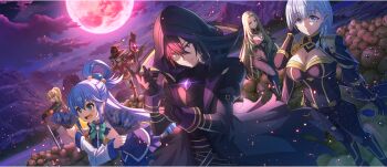 1boy 5girls :d adjusting_clothes adjusting_sleeves alpha_(kage_no_jitsuryokusha_ni_naritakute!) aqua_(konosuba) arm_belt arm_guards arms_across_body bandaged_leg bandages belt belt_collar beta_(kage_no_jitsuryokusha_ni_naritakute!) black_belt black_bodysuit black_cloak black_coat black_eyes black_gloves black_hair black_hat black_hood black_thighhighs blonde_hair blue_eyes blue_hair blue_shirt blue_skirt bodysuit boots bow bowtie braid braided_sidelock breasts brown_belt brown_boots brown_hair cabbage cabbage_(konosuba) cid_kagenou cleavage cleavage_cutout cloak closed_mouth clothing_cutout cloud cloudy_sky coat collar covered_navel creature crossed_belts crossover darkness_(konosuba) detached_sleeves dress elf fingerless_gloves fold-over_boots full_moon game_cg gem gloves gold_trim green_bow green_bowtie grey_hair hair_behind_ear hair_between_eyes hair_ornament hair_rings hand_fan hand_in_own_hair hand_on_headwear hand_on_own_hip hand_up hands_on_hilt hat high_collar highres holding holding_creature holding_fan holding_staff hood hood_up kage_no_jitsuryokusha_ni_naritakute! knee_boots kono_subarashii_sekai_ni_shukufuku_wo! konosuba!_fantastic_days large_breasts long_coat long_hair long_sidelocks long_sleeves looking_at_viewer mage_staff matching_outfits medium_hair megumin miniskirt mole mole_under_eye moon multiple_belts multiple_girls neck_ribbon night night_sky off-shoulder_dress off_shoulder official_art on_creature open_clothes open_coat open_mouth outdoors parted_bangs planted planted_sword planted_weapon pointy_ears ponytail purple_gemstone red_dress red_eyes red_moon red_ribbon ribbon shade shadow_(cid_kagenou) shirt short_dress short_hair short_hair_with_long_locks sidelocks single_hair_ring single_thighhigh skirt sky sleeveless sleeveless_shirt small_breasts smile staff standing sword thigh_belt thigh_strap thighhighs torn_bodysuit torn_clothes v-shaped_eyebrows very_long_hair weapon white_collar white_sleeves witch_hat x_hair_ornament