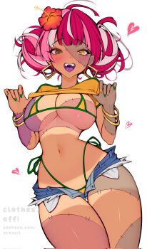 1girl ahoge alternate_breast_size_(larger) alternate_costume ark_evil02 bangle bikini bikini_under_clothes bikini_bottom_under_shorts blunt_bangs bracelet brazilian_miku brazilian_miku_(cosplay) breasts clothes_pull colored_skin commentary corrupted_twitter_file cosplay cropped_shirt cross-shaped_pupils curvy cutoffs denim denim_shorts diamond-shaped_pupils diamond_(shape) double_bun earrings english_text exposed_pocket fang fingernails flag_print flag_print_bikini flower gluteal_fold green_nails green_trim hair_bun hair_flower hair_ornament hatsune_miku heart heart-shaped_mouth heterochromia highleg highleg_bikini highres hololive hololive_indonesia jewelry kureiji_ollie large_breasts long_hair looking_at_viewer micro_bikini micro_shorts multicolored_hair nail_polish navel open_fly open_mouth patchwork_skin patreon_username pink_hair print_bikini red_hair shirt_pull shorts side-tie_bikini_bottom smile solo stitched_arm stitched_face stitched_leg stitched_torso stitches stomach streaked_hair swimsuit symbol-shaped_pupils tan tanline teeth thick_thighs thigh_gap thighs thong_bikini virtual_youtuber vocaloid whale_tail_(clothing) white_background white_hair yellow_bikini yellow_nails zombie