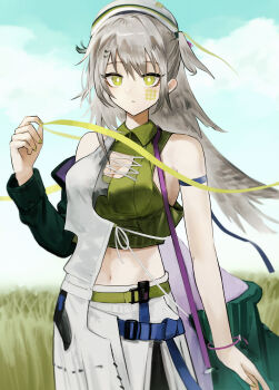 1girl absurdres aiv arknights bare_shoulders blue_sky breasts cleavage commentary_request cowboy_shot detached_sleeves expressionless fartooth_(arknights) fartooth_(hear_the_wind_sing)_(arknights) feather_hair green_eyes green_nails green_ribbon grey_hair highres long_hair looking_at_viewer midriff navel ribbon single_detached_sleeve sky solo