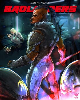 1boy 1girl alien alien_(series) alien_vs._predator armor blonde_hair dek_(predator) dreadlocks facehugger fingernails garayann18 gauntlets highres holding holding_weapon jaw mandibles monster nested_mouths pauldrons predator:_badlands predator_(series) robot sharp_fingernails short_hair shoulder_armor teeth thia_(predator) weapon wrist_blades xenomorph yellow_eyes