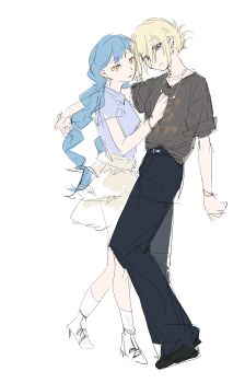 2girls absurdres bang_dream! bang_dream!_it&#039;s_mygo!!!!! black_pants blonde_hair blue_hair blue_shirt braid chinese_commentary commentary_request earrings highres jewelry long_hair looking_at_viewer lu_bian_de_yecao_zai_changge misumi_uika multiple_girls pants purple_eyes shirt short_hair short_sleeves simple_background sketch skirt togawa_sakiko twin_braids white_background white_skirt yellow_eyes yuri