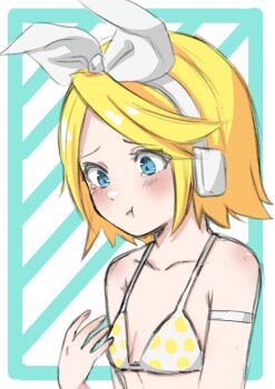 1girl :t aqua_background bare_arms bare_shoulders bikini blonde_hair blue_eyes bow breast_conscious breasts cel_shading collarbone flat_chest flying_sweatdrops hair_bow hair_ornament hairclip headphones headset highres kagamine_rin light_blush looking_down omotimoti820 polka_dot polka_dot_bikini pout short_hair skinny small_breasts solo striped_background swept_bangs swimsuit tearing_up vocaloid