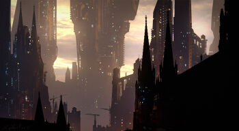 1boy architecture building city city_lights cityscape cloud cloudy_sky commentary crane_(machine) english_commentary gothic_architecture original painterly raphael-lacoste scenery science_fiction shadowed sky standing tower yellow_sky