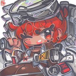 Rule 34 | 1girl, :d, artist name, black choker, blush stickers, bodysuit, breasts, brown bodysuit, chibi, choker, dark-skinned female, dark skin, dated, goddess of victory: nikke, goggles, goggles on head, hammering (nikke), jacket, jrpencil, large breasts, one eye closed, open clothes, open jacket, open mouth, red hair, short hair, signature, smile, solo, white jacket