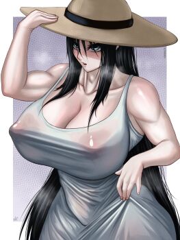 1girl 2025 2channel adjusting_clothes adjusting_hat black_dress black_eyes black_hair blush breasts cleavage collarbone commentary covered_erect_nipples dress english_commentary female_focus hair_between_eyes hasshaku-sama hat highres huge_breasts japanese_urban_legends long_hair no_bra noriakis_art nose_blush open_mouth outside_border patterned_background simple_background solo spaghetti_strap straight_hair sun_hat tall_female teeth thighs toned toned_female upper_teeth_only very_long_hair white_dress