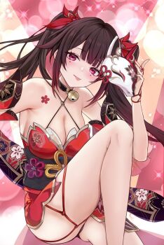 1girl bare_shoulders breasts brown_hair chest_tattoo choker cleavage closed_mouth collarbone commentary_request flower_tattoo fox_mask gloves highres holding holding_mask honkai:_star_rail honkai_(series) japanese_clothes kimono long_hair looking_at_viewer mask medium_breasts mole mole_under_each_eye mole_under_eye multiple_moles pink_eyes red_choker red_eyes red_gloves red_kimono red_ribbon ribbon saint_laurent_paris smile solo sparkle_(honkai:_star_rail) tattoo tongue tongue_out twintails very_long_hair