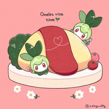 animal_focus colored_skin commentary_request egg_(food) english_text flower food fork gen_5_pokemon green_skin holding holding_fork holding_spoon leaf mochopaccho nintendo no_humans omelet omurice petilil pink_background pokemon pokemon_(creature) red_eyes rice simple_background spoon tomato twitter_username white_skin