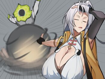 1girl alternate_breast_size_(larger) arm_strap arms_up breasts byden_i3 chinese_clothes cleavage closed_eyes commentary_request detached_sleeves emphasis_lines ethereal_(zenless_zone_zero) fingerless_gloves gloves grey_hair hair_lift hand_in_own_hair hand_on_own_head highres huge_breasts jacket long_hair meme naoya_hitting_choso_without_looking_(meme) outstretched_arm parted_lips single_detached_sleeve single_hair_intake single_sleeve skindentation yin_yang_pin yixuan_(zenless_zone_zero) zenless_zone_zero