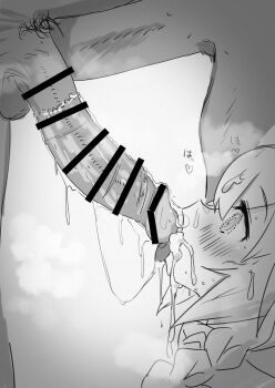 1boy 1girl @_@ censored character_request cum cum_in_mouth fellatio greyscale highres huge_penis irrumatio loli looking_at_penis male_pubic_hair monochrome oral penis pubic_hair saliva saliva_trail source_request steam what_a