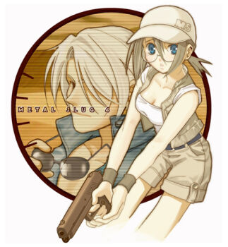 1boy 1girl archived_source baseball_cap belt belted_shorts black_belt blue_eyes blue_pupils blue_vest breasts brown_hair brown_hat brown_shorts brown_vest buckle circle closed_mouth collarbone commentary_request copyright_name english_text fio_germi frown glasses gun hair_between_eyes hair_over_one_eye handgun hat high_collar holding holding_gun holding_weapon korean_commentary looking_at_viewer medium_breasts medium_hair metal_slug metal_slug_4 milktea_(aoiexk) nose one_eye_covered parted_lips photoshop_(medium) ponytail rimless_eyewear round_eyewear sand shirt short_hair shorts simple_background single_hair_intake snk sunglasses teeth trevor_spacey vest vest_pouch weapon white_shirt wristband