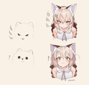 1girl :3 animal_ear_fluff annoyed bamboo_hair_ornament bow braid brown_bow brown_hair cropped_torso dog fluffy_white_puppy_expressions_(meme) flying_sweatdrops hair_bow hair_ornament hairclip hashtag-only_commentary komachi_panko komachi_panko_(1st_costume) looking_at_viewer low_twin_braids meme multiple_views phase_connect pink_eyes red_panda_ears red_panda_girl ribbon shirt simple_background sleeveless sleeveless_shirt squiggle thick_eyebrows tilt-shift_(azalanz) twin_braids twitter_username virtual_youtuber white_background
