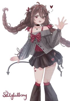 Rule 34 | 1girl, :d, ahoge, alternate costume, alternate hairstyle, black choker, black skirt, black socks, bow, bowtie, braid, broken heart, broken heart hair ornament, brown hair, cable knit, cardigan, chain belt, choker, collarbone, cross-laced clothes, cross-laced sleeves, demon horns, demon tail, double-parted bangs, evil neuro-sama, fang, feet out of frame, floating hair, grey cardigan, hair between eyes, hair ornament, hair ribbon, heart, heart necklace, highres, horns, jewelry, kneehighs, long hair, long sleeves, looking at viewer, loose socks, low twin braids, mini wings, miniskirt, necklace, neuro-sama, off-shoulder cardigan, open mouth, puffy long sleeves, puffy sleeves, red bow, red bowtie, red eyes, red ribbon, red tank top, ribbon, single fishnet legwear, skin fang, skirt, skull hair ornament, smile, socks, solo, soulgluttony, tail, tank top, torn bowtie, torn clothes, torn skirt, twin braids, vedal ai, very long hair, waving, wings