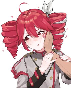 1girl absurdres ahoge blush bow buttons cheek_squash commentary double-breasted drill_hair grey_jacket hand_on_another's_face heart highres jacket kasane_teto kasane_teto_(sv) mirumiruchan red_eyes red_hair red_nails synthesizer_v twin_drills white_background white_bow