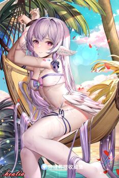 1girl absurdres ahoge beach bikini bound bound_wrists breasts cross-shaped_pupils cuffed feathered_wings hammock heatia highres long_hair looking_at_viewer medium_breasts on_hammock original palm_tree purple_eyes purple_hair restrained sitting smile sweat swimsuit symbol-shaped_pupils thighhighs tree very_long_hair watermark white_thighhighs wings