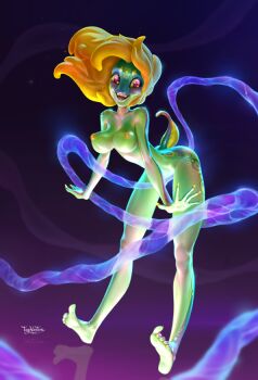 Rule 34 | 1girl, bent over, breasts, colored skin, commentary, completely nude, copyright request, english commentary, frog girl, green skin, large breasts, long hair, looking at viewer, nipples, nude, orange hair, pink eyes, shiny skin, smile, solo, tagovantor, tail, teeth, tentacles