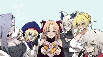 ahoge arms_under_breasts artoria_caster_(fate) artoria_caster_(second_ascension)_(fate) artoria_pendragon_(fate) artoria_pendragon_(lancer)_(fate) artoria_pendragon_(lancer_alter)_(fate) bare_shoulders bead_necklace beads black_collar black_gloves blonde_hair blue_bow blue_bowtie blue_hat bow bowtie box braid breasts cleavage cleavage_cutout clothing_cutout collar commentary cross cross_necklace crossed_arms earrings english_commentary ereshkigal_(fate) fate/grand_order fate_(series) fingerless_gloves food gift gloves green_eyes grey_hair hair_over_one_eye hat heart-shaped_box hebi_nyoubou_(fate) highres holding holding_gift jeanne_d'arc_alter_(fate) jeffraeson jewelry large_breasts macaron milestone_celebration mrs._snake_(second_ascension)_(fate) necklace off-shoulder_sweater off_shoulder open-chest_sweater red_eyes ribbed_sweater shoulder_cutout sweater thank_you turtleneck turtleneck_sweater two_side_up yellow_eyes