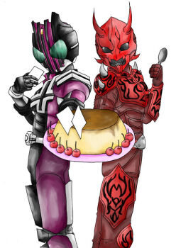 Rule 34 | 2009, 2boys, armor, barcode, belt, black eyes, card, cherry, food, fruit, green eyes, helmet, holding, holding card, holding spoon, horns, kamen rider, kamen rider dcd, kamen rider decade, kamen rider den-o (series), male focus, mask, masked, masked male, momotaros, monster, monster boy, mrsspooky, multiple boys, offering, offering food, oni, pink armor, plate, pudding, red armor, spoon