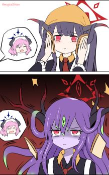 >_< 2girls 2koma absurdres alternate_form black_hair black_shirt blue_archive bread bread_slice broken_halo closed_eyes comic commentary corruption d: dark_persona demon_girl demon_horns dx food fuuka_(blue_archive) hair_on_horn halo headscarf highres horns idiot_sandwich_(meme) juri_(blue_archive) long_hair looking_at_viewer meme monster_girl multiple_girls necktie open_mouth original_terror_(blue_archive) pan-chan_(blue_archive) pink_hair purple_hair red_eyes red_halo red_necktie shirt silent_comic smile spoken_character tentacle_hair third_eye threeboon transformation twintails twitter_username yellow_headscarf