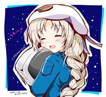 Rule 34 | 1girl, 2018, :d, ^ ^, alternate costume, alternate hairstyle, asahina yori, beret, blue background, blush, border, braid, braided ponytail, closed eyes, commentary request, dated, english text, facing viewer, from side, grey hair, happy, hat, heart, little busters!, long hair, night, noumi kudryavka, one-hour drawing challenge, open mouth, outdoors, outline, outside border, parted bangs, ponytail, simple background, single braid, sketch, smile, solo, spacesuit, teeth, translated, twitter username, upper body, upper teeth only, very long hair, white border, white hat, yellow outline