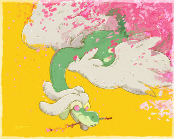 animal_focus border cherry_blossoms closed_mouth dragon drampa full_body gen_7_pokemon holding holding_stick isutai long_neck looking_at_viewer nintendo no_humans pink_eyes pink_petals pokemon pokemon_(creature) pokemon_focus simple_background solo stick yellow_background yellow_border