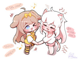 Rule 34 | &gt; o, 2girls, :3, ahoge, animal ear fluff, animal ears, barefoot, bell, blush, bow, brown hair, butter (trickcal), cat ears, cat girl, cat tail, chibi, closed eyes, collar, dog ears, dog girl, dog tail, fang, hair bow, highres, holding hands, jingle bell, komi (trickcal), korean text, leg up, long hair, multiple girls, musical note, neck bell, one eye closed, open mouth, pink shorts, ribbon, shirt, short sleeves, shorts, smile, standing, standing on one leg, striped clothes, striped thighhighs, tail, tane1379, thighhighs, translation request, trickcal, white hair, white shirt, yellow shirt