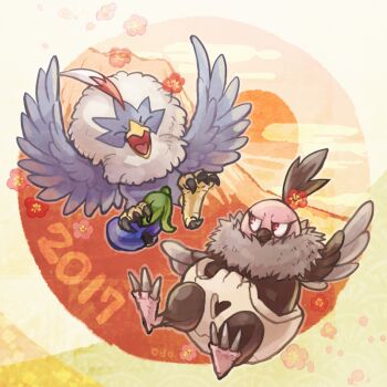 2017 animal_focus bird closed_eyes closed_mouth commentary_request flower flying full_body gen_5_pokemon nintendo no_humans odo_7ta open_mouth pokemon pokemon_(creature) pokemon_focus red_eyes red_flower rufflet smile vullaby