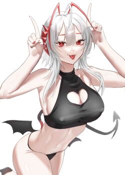 1girl antenna_hair arknights bare_shoulders black_panties breasts clothing_cutout commentary covered_erect_nipples crop_top demon_girl demon_horns demon_tail demon_wings fake_wings heart_cutout highres horns large_breasts looking_at_viewer magnum_0000 medium_hair navel panties red_eyes red_horns simple_background solo stomach symbol-only_commentary tail thighs tongue tongue_out underwear w_(arknights) white_background white_hair wings