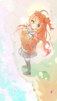 1girl ahoge aqua_bow aqua_bowtie beach black_thighhighs blue_eyes blue_sailor_collar blue_skirt bow bowtie brown_hair brown_shoes cardigan closed_mouth confetti day floating_hair flower from_above full_body hair_between_eyes hair_bow hair_intakes hair_ornament heart heart_hair_ornament highres holding holding_flower legitrebelrose light_blush loafers long_hair long_sleeves looking_to_the_side miniskirt neuro-sama ocean outdoors pleated_skirt red_bow sailor_collar shoes skirt standing thighhighs turtle two_side_up vedal987 vedal_ai very_long_hair white_flower yellow_cardigan