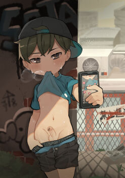 1boy absurdres backwards_hat baseball_cap blue_shirt blush breath building cellphone censored chain-link_fence clothes_lift clothes_pull clothes_writing english_text erection fence graffiti hat heart heavy_breathing highres holding holding_cellphone holding_phone lifting_own_clothes male_focus male_underwear male_underwear_peek male_underwear_pull male_underwear_writing midriff midriff_peek mouth_hold navel nipples omurice_(roza4957) open_clothes open_fly open_shorts original outdoors penis phone pulling_own_clothes recording rooftop selfie shadow shirt shirt_lift short_hair short_sleeves shorts shorts_pull shota smartphone solo sweat t-shirt testicles underwear underwear_peek underwear_writing