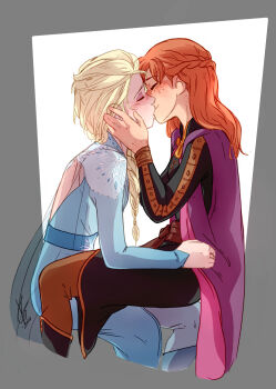 2girls anna_(frozen) blonde_hair braid closed_eyes dress elsa_(frozen) face-to-face freckles frozen_(disney) hands_on_own_cheeks hands_on_own_face incest kiss long_hair long_sleeves multiple_girls orange_hair siblings sisters sitting sitting_on_lap sitting_on_person vago_art yuri