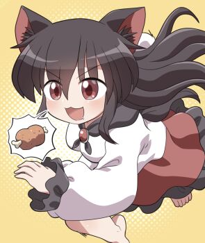 Rule 34 | 1girl, :3, :d, animal ear fluff, animal ears, barefoot, blush, boned meat, brown hair, commentary request, dress, drooling, food, frilled dress, frilled sleeves, frills, full body, hair between eyes, hand up, highres, imaizumi kagerou, long hair, long sleeves, meat, open mouth, red eyes, rokugou daisuke, running, signature, smile, solo, spoken food, tail, touhou, two-tone dress, v-shaped eyebrows, white dress, wolf ears, wolf girl, wolf tail, yellow background