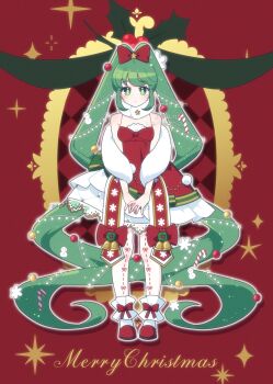 absurdres alternate_costume bare_shoulders christmas christmas_ornaments christmas_ornaments_in_hair commentary dress english_commentary fran_(fran122) full_body green_eyes green_hair hatsune_miku highres long_hair looking_at_viewer merry_christmas own_hands_together red_background red_dress short_dress sleeveless sleeveless_dress standing straight-on twintails very_long_hair vocaloid