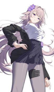 Rule 34 | alternate costume, breasts, brown hair, chyanu, commentary, english commentary, flower, hair flower, hair ornament, hair ribbon, hand on own hip, herta (honkai: star rail), highres, honkai: star rail, honkai (series), jacket, long hair, looking down, medium breasts, off shoulder, pantyhose, pleated skirt, purple eyes, purple flower, ribbon, school uniform, shirt, skirt, the herta (honkai: star rail), thigh strap, very long hair, white background, white shirt, x hair ornament