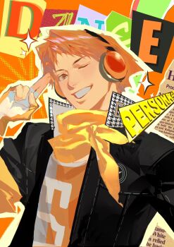 Rule 34 | 1boy, bandana, black jacket, commentary, english commentary, english text, fingerless gloves, gloves, hanamura yousuke, headphones, highres, jacket, looking at viewer, male focus, one eye closed, orange eyes, orange hair, persona, persona 4, persona 4: dancing all night, persona dancing, short hair, solo, sparkle, upper body, yellow bandana, yinbito