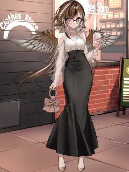 1girl bag black-framed_eyewear black_dress brown_hair brown_wings cup dairoku_ryouhei day disposable_cup dress drinking_straw eleanor_victoria feathered_wings glasses halterneck handbag highres holding multicolored_hair outdoors see-through_clothes see-through_sleeves solo streaked_hair two-tone_dress white_dress wings ybs_pbw