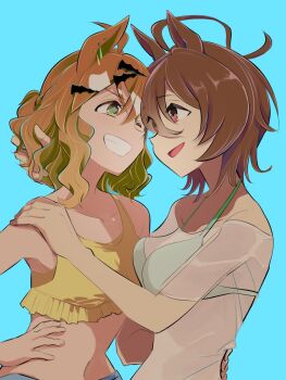 2girls agnes_tachyon_(umamusume) ahoge animal_ears aqua_background asymmetrical_docking bare_shoulders bikini breast_press breasts brown_hair commentary_request eye_contact eyes_visible_through_hair face-to-face flat_chest grin hand_in_another's_hair hand_on_another's_back hand_on_another's_head highres horse_ears jungle_pocket_(umamusume) looking_at_another multiple_girls navel one_eye_closed open_mouth red_eyes see-through_clothes see-through_shirt shirt sideways_mouth simple_background small_breasts smile swimsuit umamusume upper_body yasumi_(aitne) yellow_eyes yuri