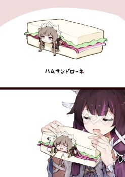 2girls arm_ribbon bare_shoulders black_hair black_sleeves blue_eyes bonnet bread brown_hair closed_eyes closed_mouth columbina_(genshin_impact) commentary_request detached_sleeves dress eating eye_mask food food_focus genshin_impact gloves hair_flaps hair_ornament hair_ribbon head_wings headdress highres holding holding_food holding_sandwich in_food lettuce long_hair long_sidelocks long_sleeves mask meat mini_person minigirl multicolored_hair multiple_girls multiple_wings open_mouth purple_hair purple_streaks ribbon sandrone_(genshin_impact) sandwich se-u-ra see-through_clothes see-through_mask short_hair short_hair_with_long_locks sidelocks simple_background smile streaked_hair sweatdrop tomato tomato_slice translation_request two-tone_hair white_background white_dress white_headdress white_mask white_wings wing_hair_ornament wings wrist_bow x-shaped_eyewear