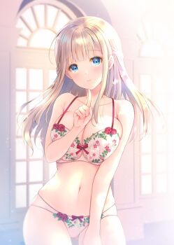 1girl arch blonde_hair blue_eyes blunt_bangs blurry blush bow bow_bra bow_panties bra braid breasts cleavage collarbone commentary_request contrapposto cowboy_shot depth_of_field finger_to_own_chin flower gluteal_fold half_updo hand_up hip_bones ichinose_ayano index_finger_raised indoors kuroe_(sugarberry) large_breasts leaning_to_the_side light_particles lingerie long_hair looking_at_viewer navel original panties print_bra print_panties red_bow red_flower red_rose rose skindentation smile solo stomach straight_hair sunlight underwear underwear_only white_bra white_panties