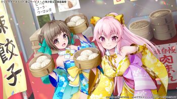 Rule 34 | 2girls, :d, ahoge, aqua bow, assault lily, bamboo steamer, bare shoulders, blue kimono, blush, bow, breasts, brown eyes, brown hair, cleavage, closed mouth, collar, collarbone, commentary request, confetti, copyright notice, cowboy shot, day, detached sleeves, double bun, endou araya, floral print, flower knot, food, food stand, fur collar, gu-rahamu omega x, hair bow, hair bun, hairpods, hand on own hip, hand up, hands up, high ponytail, holding, holding bamboo steamer, japanese clothes, kimono, light particles, long hair, looking at viewer, medium breasts, multiple girls, neck ribbon, official alternate costume, official alternate hairstyle, official art, open mouth, outdoors, pink eyes, pink hair, ponytail, print kimono, purple bow, ribbon, rokkaku shiori, short hair, single detached sleeve, single sleeve, smile, standing, steam, steamed bun, strapless kimono, tassel, very long hair, white collar, wide sleeves, yellow bow, yellow kimono, yellow ribbon