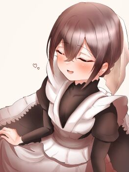 Rule 34 | 1girl, :d, apron, blush, brown hair, closed eyes, commentary, frills, hair between eyes, heart, highres, juliet sleeves, kimi no koto ga dai dai dai dai daisuki na 100-nin no kanojo, long sleeves, maid, maid apron, meido mei, open mouth, puffy sleeves, shizumetto 4300, simple background, skirt hold, smile, solo, upper body, veil, white background