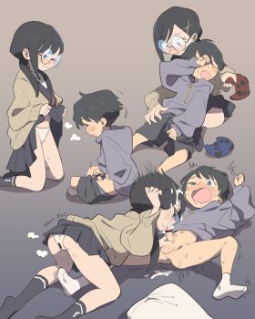 1boy 1girl absurdres age_difference ass bar_censor black_hair black_shorts black_skirt black_socks blue_eyes blue_jacket brown_background brown_cardigan cameltoe cardigan censored clothes_lift collage commentary commission controller cum cum_in_clothes cum_on_body cum_on_clothes cum_on_hair cum_through_clothes cumdrip ejaculation_under_clothes english_commentary facial fellatio game_controller glasses gradient_background hair_ornament hetero highres holding holding_controller holding_game_controller hood hooded_jacket jacket kinni kneeling lifting_own_clothes long_sleeves looking_at_another lying male_masturbation masturbation medium_hair multiple_views on_back onee-shota open_mouth oral original panties penis precum premature_ejaculation pussy_juice round_eyewear short_hair shorts shota skirt skirt_lift small_penis socks sweat teenage_girl_and_younger_boy testicles underwear white_panties white_socks x_hair_ornament