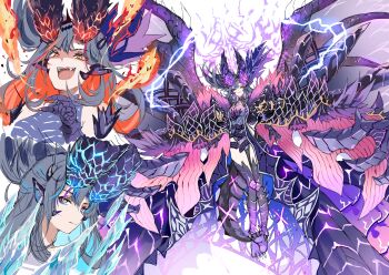 Rule 34 | 1girl, absurdres, alatreon, clawed feet, claws, cryokinesis, dragon girl, dragon horns, dragon tail, dragon wings, electricity, electrokinesis, evil smile, fire, glowing horns, grey hair, highres, horns, ice, large horns, lightning, looking at viewer, monster girl, monster hunter (series), multiple horns, multiple views, open mouth, personification, pyrokinesis, slit pupils, smile, spikes, tail, umitsuki, wings, yellow eyes