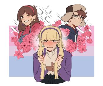 1boy 2girls absurdres animification antenna_hair bisexual_female bisexual_flag bishie_sparkle black-framed_eyewear black_hat black_hoodie blonde_hair blue_jumpsuit blush border brother_and_sister brown_eyes brown_hair closed_mouth crystal_earrings dipper_pines earrings floral_print flower from_side glasses grabbing_own_hair gravity_falls hair_between_eyes hairband hands_up hat highres holding_own_hair hood hoodie jacket jewelry jumpsuit lapels long_hair long_sleeves looking_at_viewer mabel_pines multiple_girls one_eye_closed open_clothes open_hoodie open_jacket outside_border pacifica_northwest pink_flower pink_hairband pink_rose pink_sweater purple_eyes purple_hairband purple_jacket red_shirt rose sevenreii shirt short_hair siblings sidelocks smile sweater teeth turtleneck turtleneck_sweater upper_body white_border white_sweater